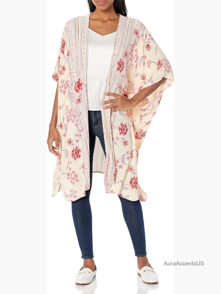 Floral Kimono Cardigan - Knee Length, Short Sleeve, V-Neck, Loose Fit